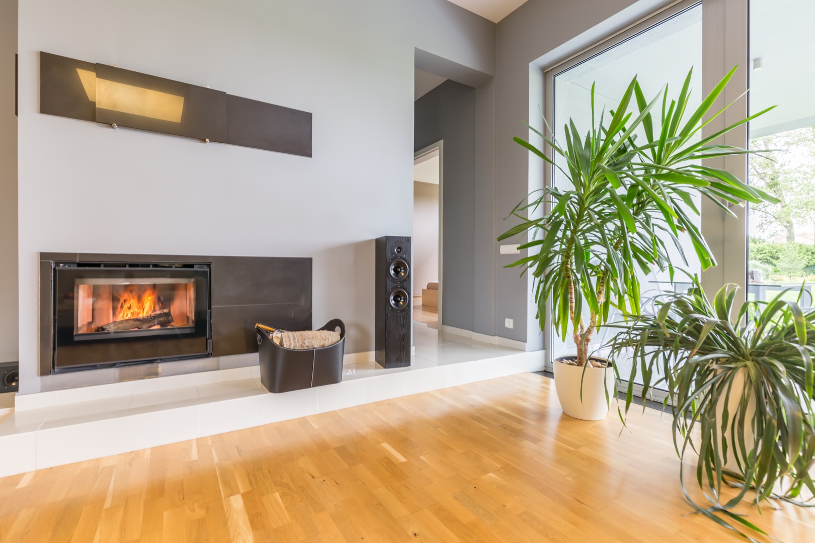 Modern fireplace in villa interior Relaxing apartment bay view